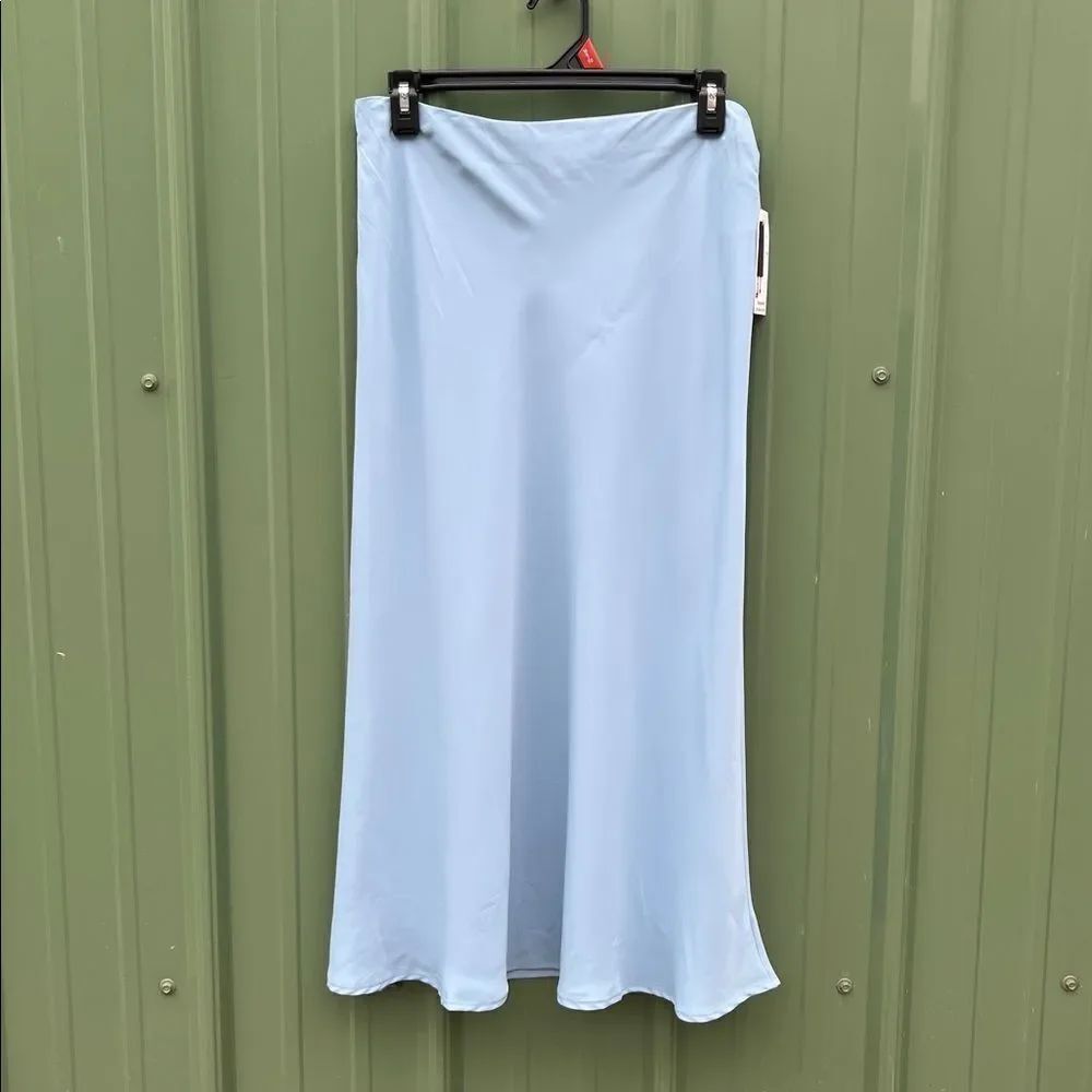 Midi Slip Skirt Satin Formal Elegant Blue Pull-On Size M